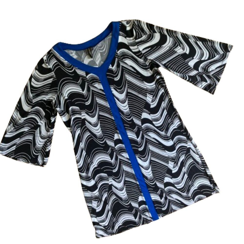 Susan Lawrence Groovy Pullover Bl/Wh Midi Dress 3/4 Bell Sleeves Pop Y2K, sz XL